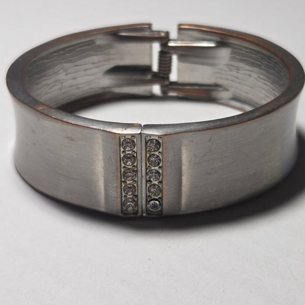 Modern Minimalist Silver Tone Hinge Bracelet Pavé Rhinestones Classic
